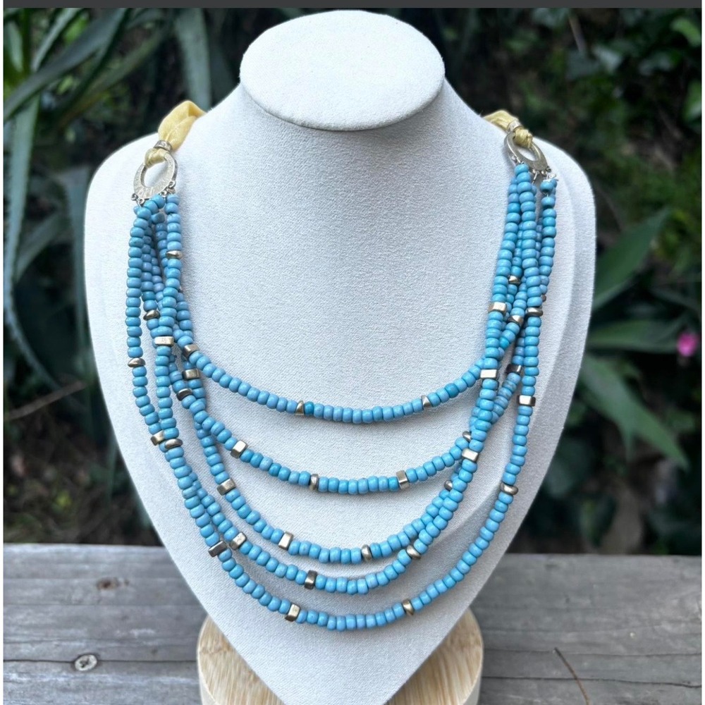 Turquoise Blue Glass Seed Bead Multi Strand Necklace Boho Southwestern Gold Tone